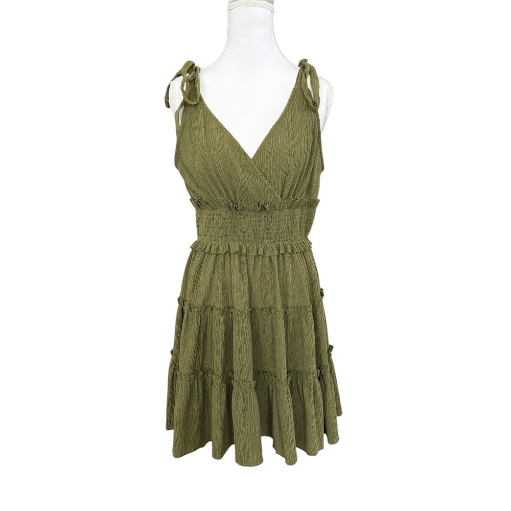 Cider  Tiered Ruffle Mini Dress 1XL Olive Green Textured Smocked Boho Fairycore
